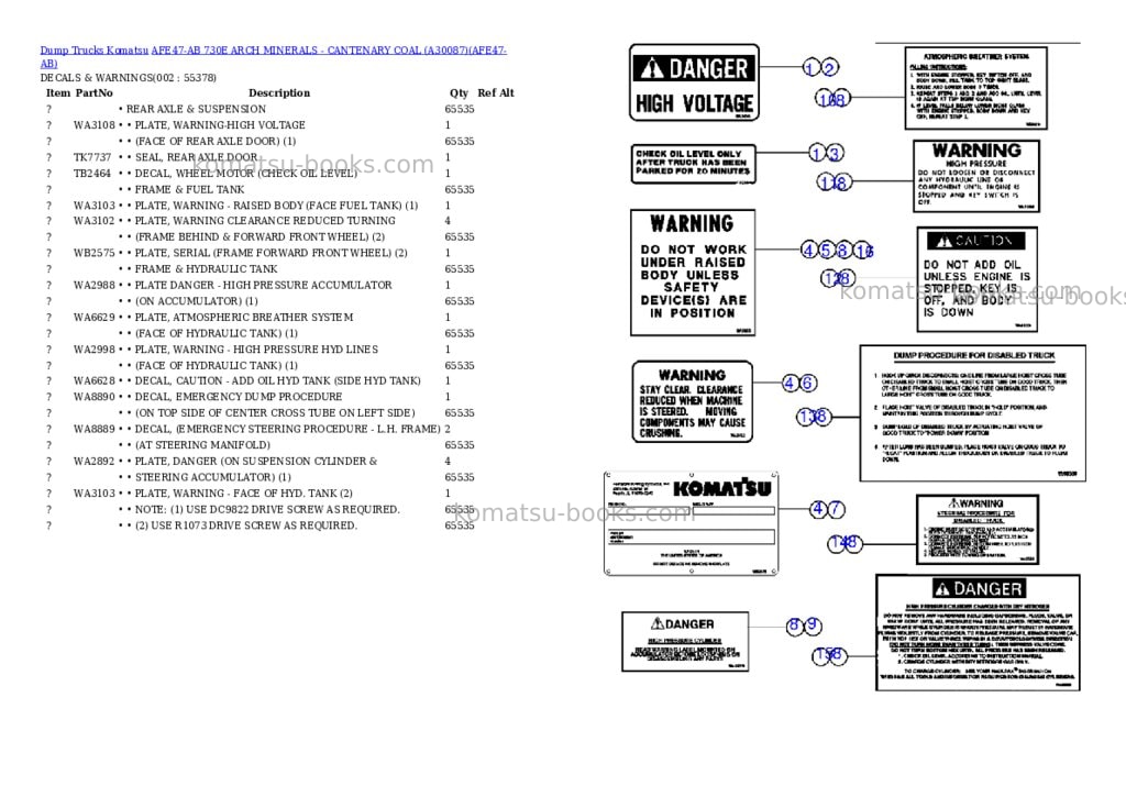 Komatsu afe47-ab 730e arch minerals - cantenary coal a30087 Parts catalog cover Komatsu afe47-ab 730e arch minerals - cantenary coal a30087 Parts catalog cover