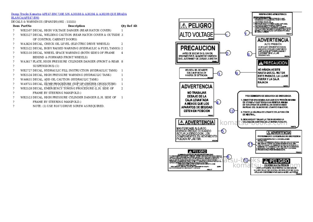 Komatsu afe47-bm 730e s/n a30188 & a30204 & a30209 que brada blanca Parts catalog cover