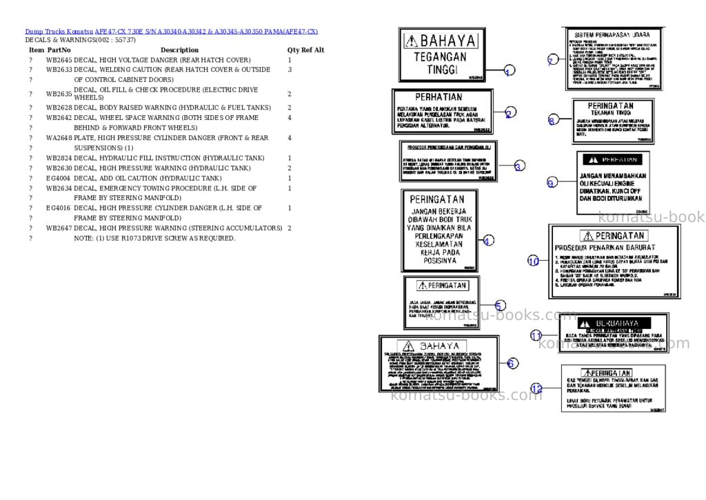 Komatsu afe47-cx 730e s/n a30340-a30342 & a30345-a30350 pama Parts catalog cover