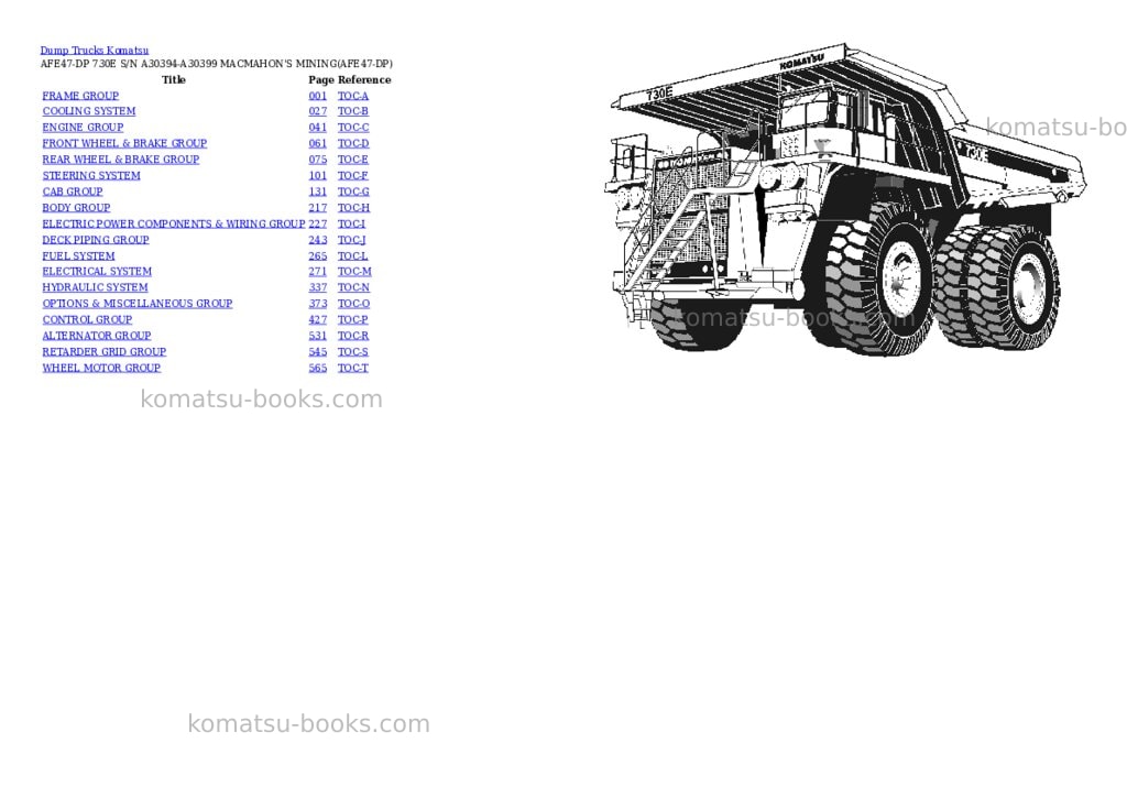 Komatsu AFE47-DP 730E S/N A30394-A30399 MACMAHON'S MINING Parts catalog cover Komatsu AFE47-DP 730E S/N A30394-A30399 MACMAHON'S MINING Parts catalog cover