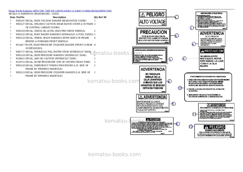 Komatsu afe47-dw 730e s/n a30410-a30411 & a30417 lomas bayas Parts catalog cover
