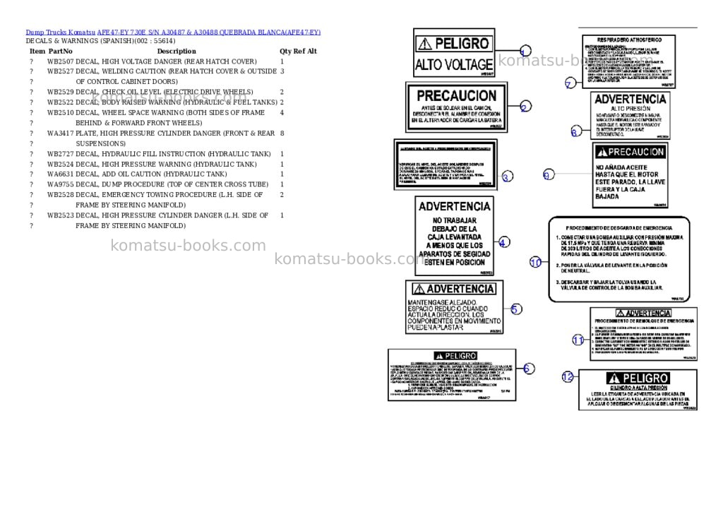 Komatsu afe47-ey 730e s/n a30487 & a30488 quebrada blanca Parts catalog cover