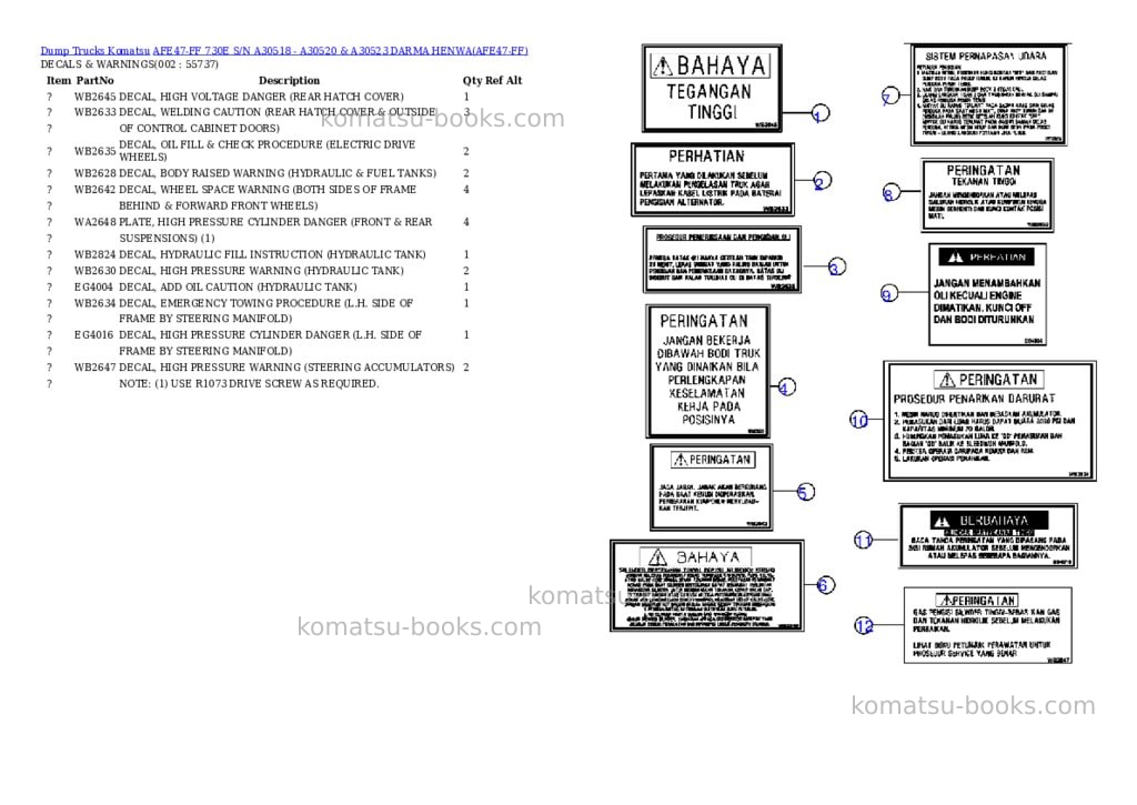 Komatsu afe47-ff 730e s/n a30518 - a30520 & a30523 darma henwa Parts catalog cover
