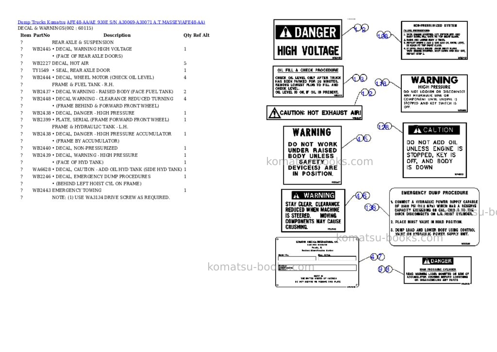 Komatsu afe48-aa/ae 930e s/n a30069-a30071 a.t.massey Parts catalog cover