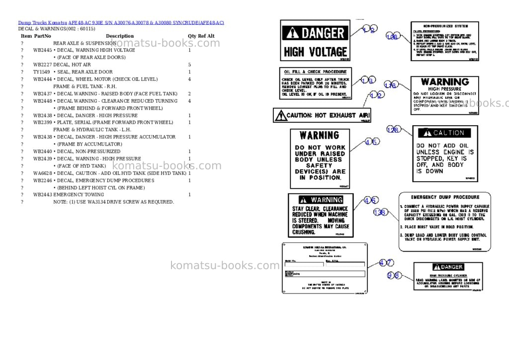 Komatsu afe48-ac 930e s/n a30076-a30078 & a30080 syncrude Parts catalog cover