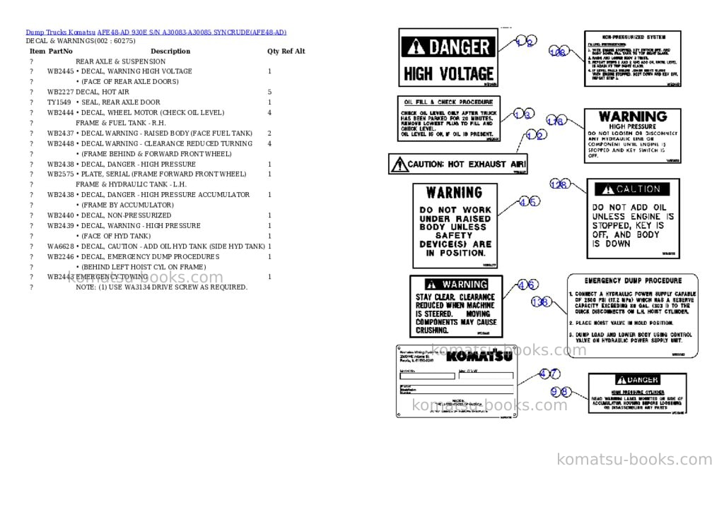 Komatsu afe48-ad 930e s/n a30083-a30085 syncrude Parts catalog cover