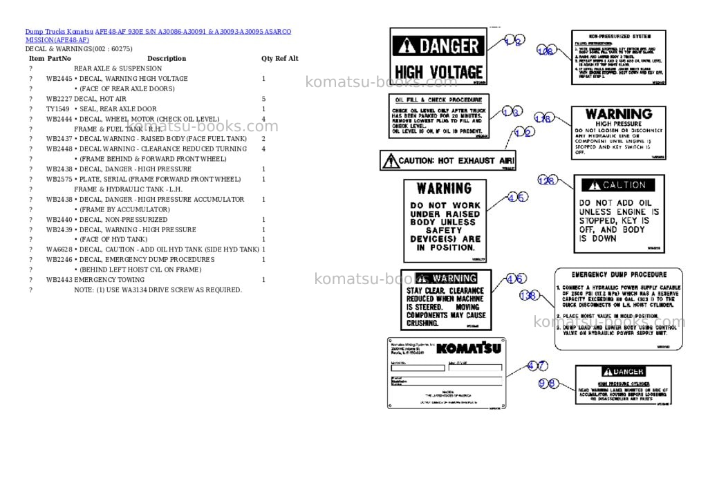 Komatsu afe48-af 930e s/n a30086-a30091 & a30093-a30095 asarco mission Parts catalog cover Komatsu afe48-af 930e s/n a30086-a30091 & a30093-a30095 asarco mission Parts catalog cover