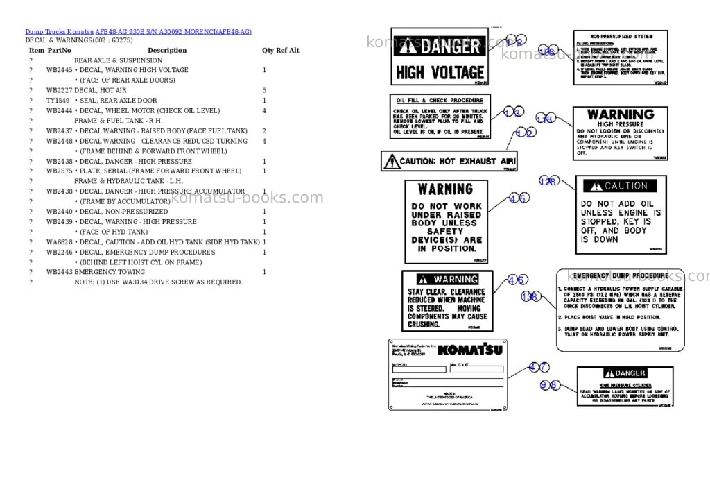 Komatsu afe48-ag 930e s/n a30092 morenci Parts catalog cover Komatsu afe48-ag 930e s/n a30092 morenci Parts catalog cover