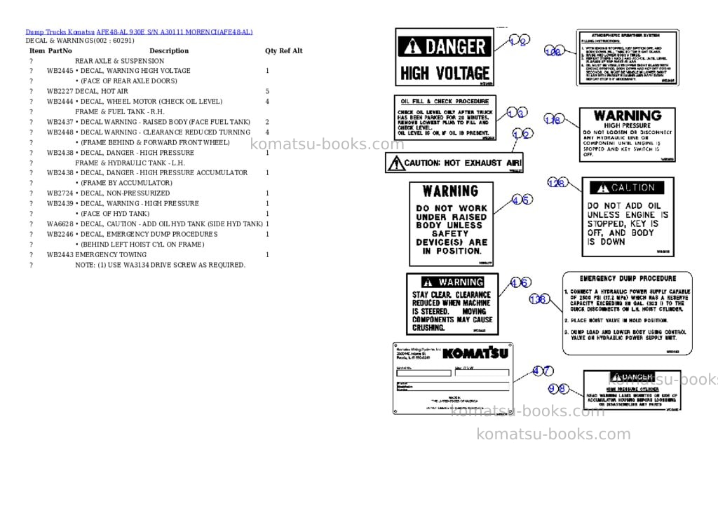 Komatsu afe48-al 930e s/n a30111 morenci Parts catalog cover Komatsu afe48-al 930e s/n a30111 morenci Parts catalog cover