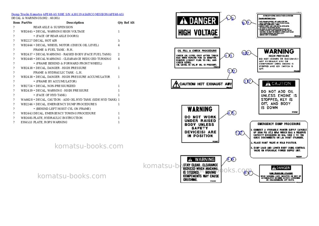 Komatsu afe48-as 930e s/n a30119 asarco mission Parts catalog cover