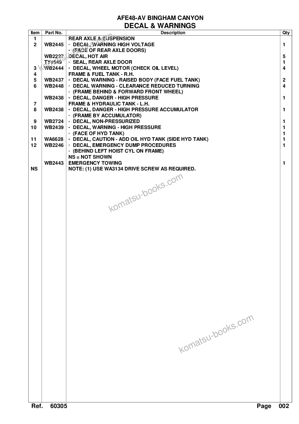 Komatsu afe48-av 930e-2 s/n a30128 bingham canyon Parts catalog cover Page 5