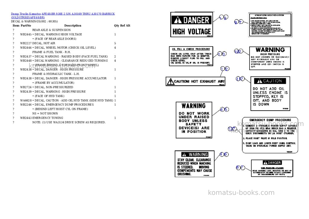 Komatsu afe48-br 930e-2 s/n a30169 thru a30170 barrick goldstrike Parts catalog cover