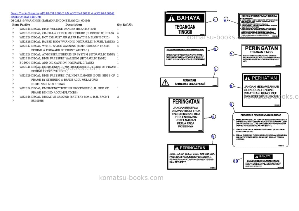 Komatsu afe48-cm 930e-2 s/n a30235-a30237 & a30240-a30242 freeport Parts catalog cover