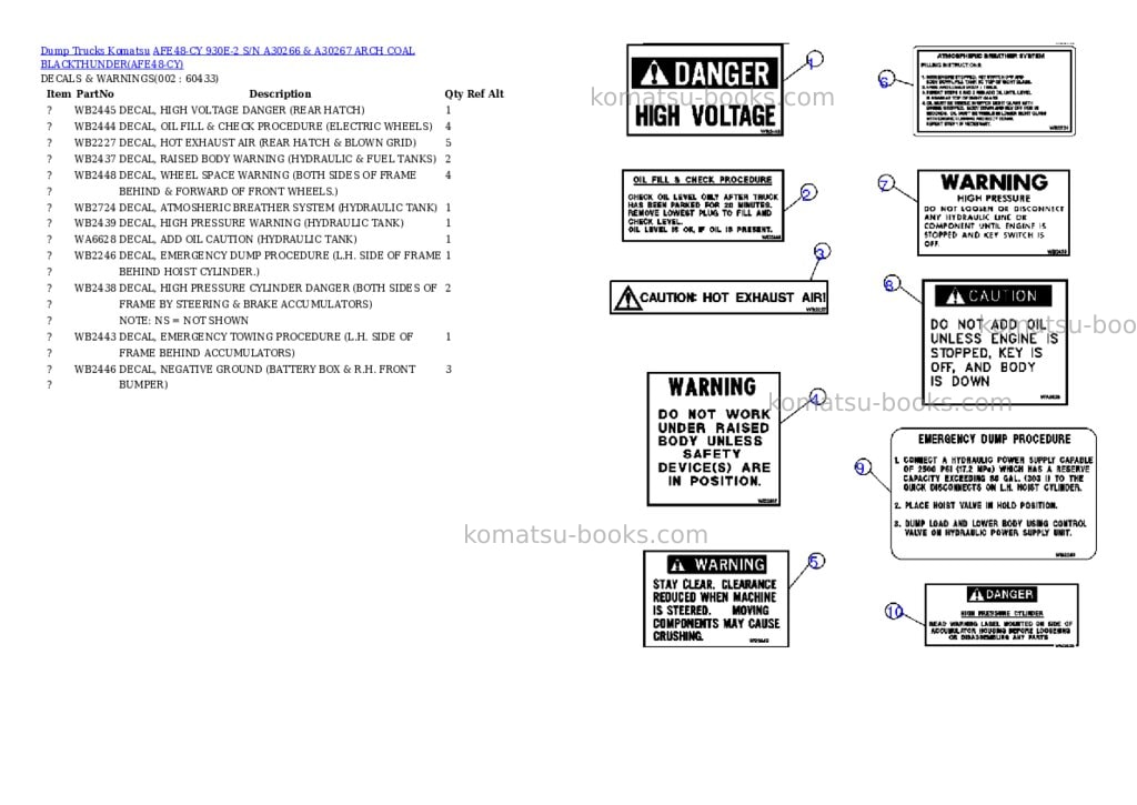 Komatsu afe48-cy 930e-2 s/n a30266 & a30267 arch coal blackthunder Parts catalog cover