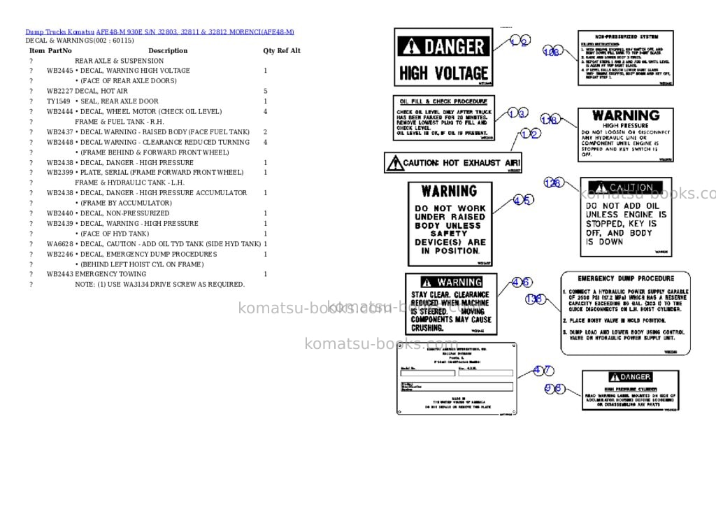 Komatsu afe48-m 930e s/n 32803, 32811 & 32812 morenci Parts catalog cover