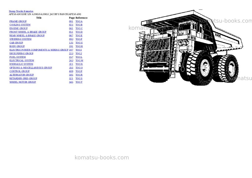 Komatsu AFE50-AM 830E S/N A30650-A30651 JACOB'S RANCH Parts catalog cover
