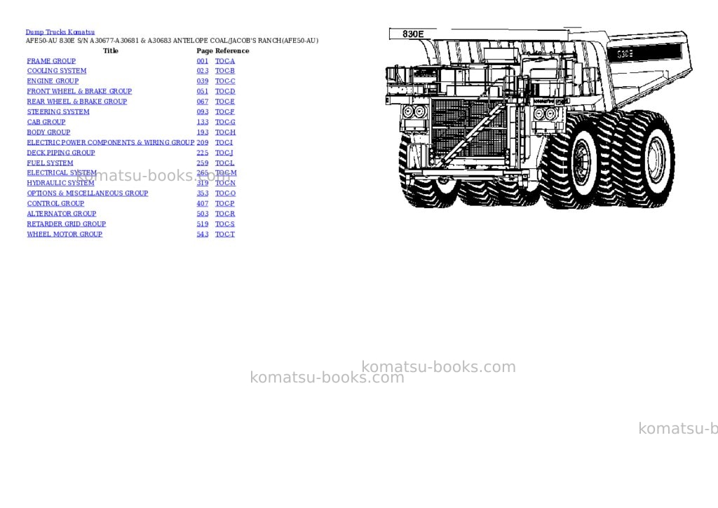 Komatsu AFE50-AU 830E S/N A30677-A30681 & A30683 ANTELOPE COAL/JACOB'S RANCH Parts catalog cover