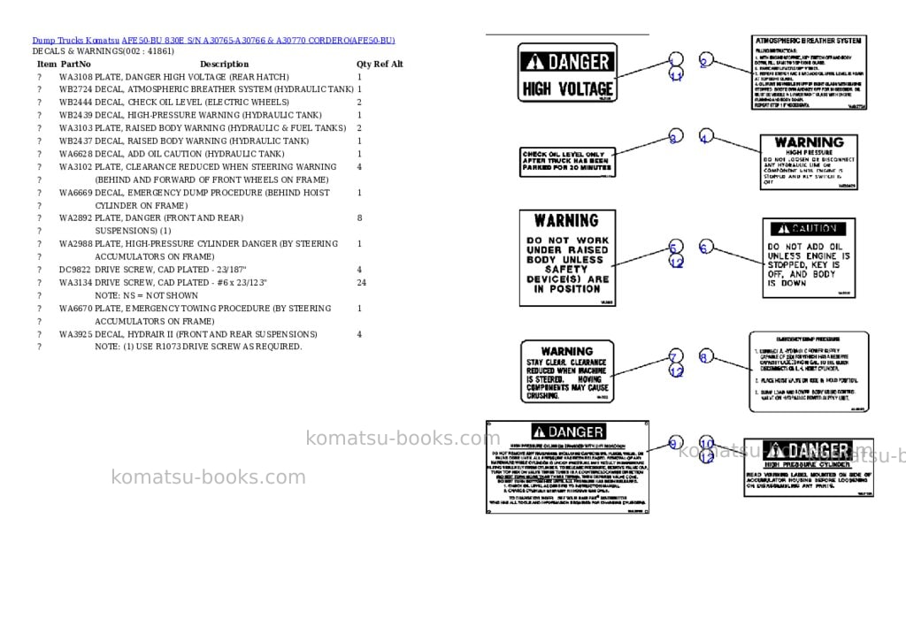 Komatsu afe50-bu 830e s/n a30765-a30766 & a30770 cordero Parts catalog cover