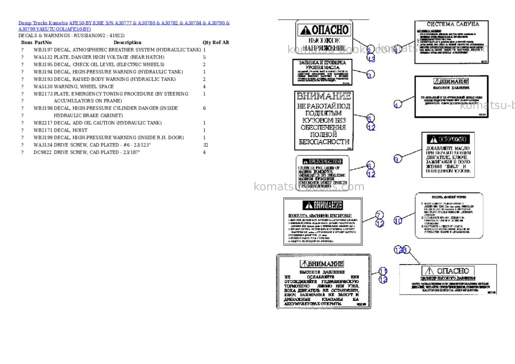 Komatsu afe50-by 830e s/n a30777 & a30780 & a30782 & a30784 & a30790 & a30799 yakutugol Parts catalog cover