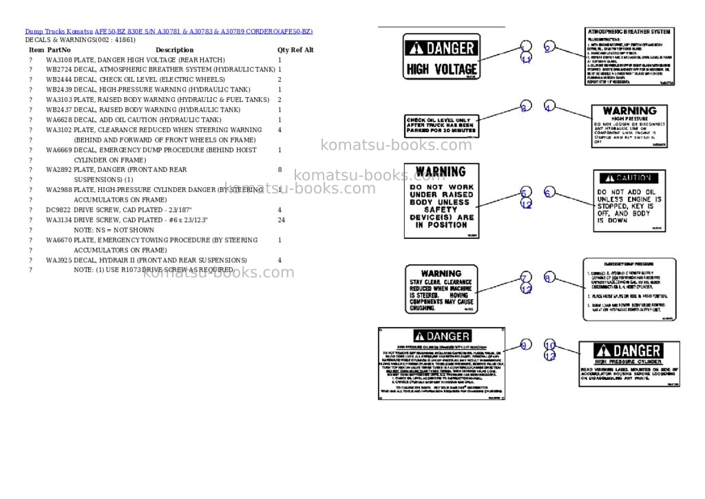 Komatsu afe50-bz 830e s/n a30781 & a30783 & a30789 cordero Parts catalog cover