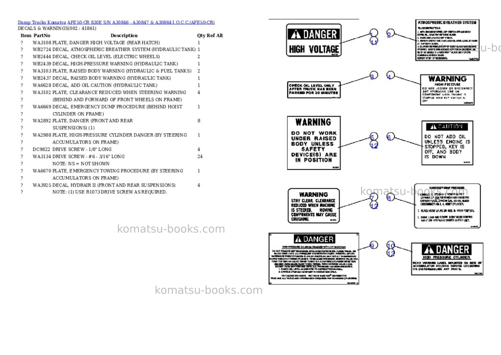 Komatsu afe50-cr 830e s/n a30846 - a30847 & a30864 i.o.c.c. Parts catalog cover