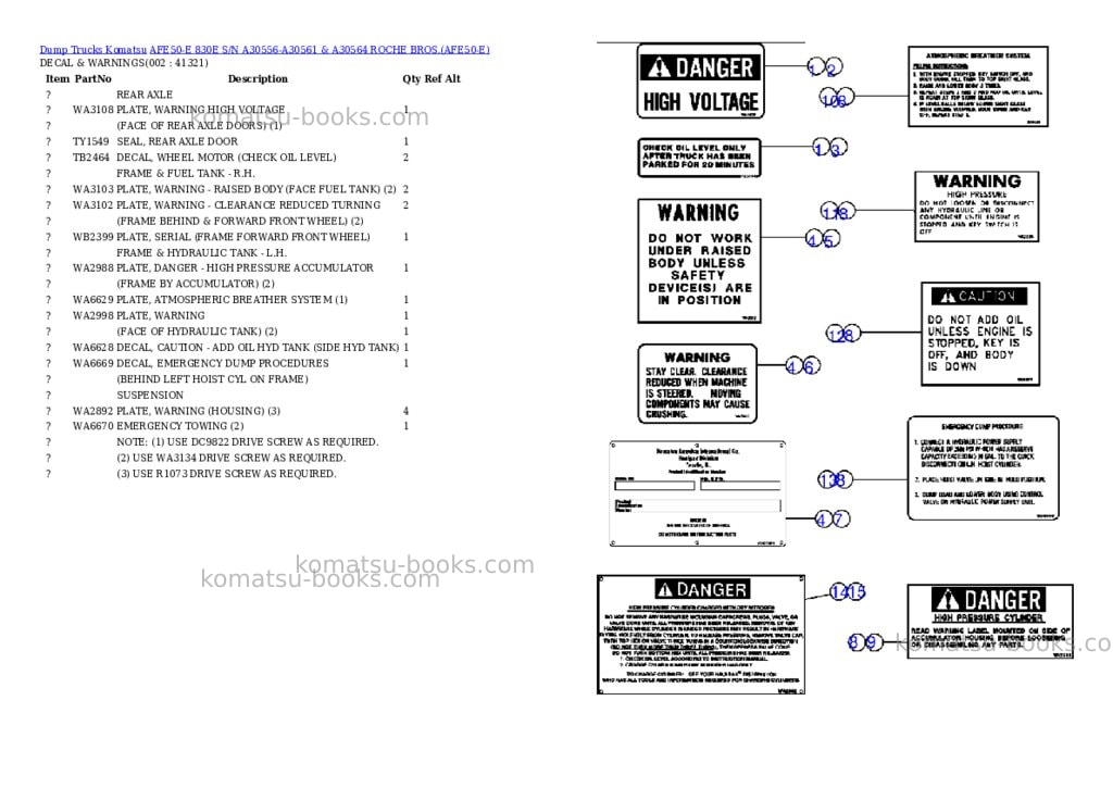 Komatsu afe50-e 830e s/n a30556-a30561 & a30564 roche bros. Parts catalog cover Komatsu afe50-e 830e s/n a30556-a30561 & a30564 roche bros. Parts catalog cover