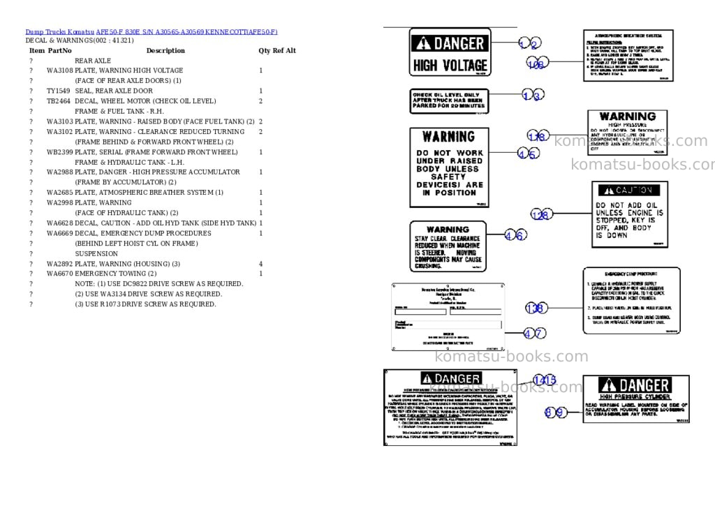 Komatsu afe50-f 830e s/n a30565-a30569 kennecott Parts catalog cover Komatsu afe50-f 830e s/n a30565-a30569 kennecott Parts catalog cover