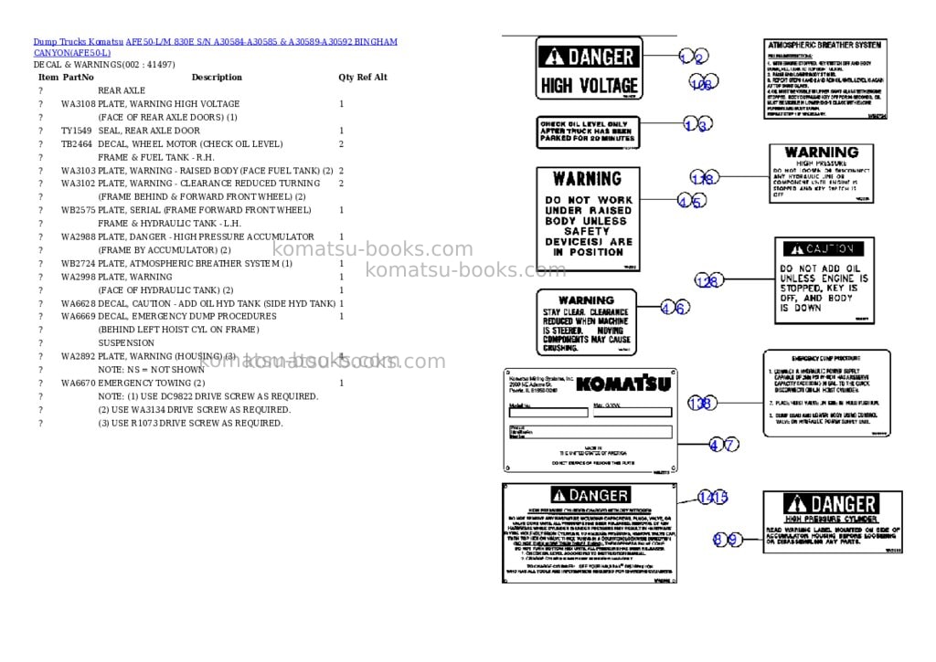 Komatsu afe50-l/m 830e s/n a30584-a30585 & a30589-a30592 bingham canyon Parts catalog cover Komatsu afe50-l/m 830e s/n a30584-a30585 & a30589-a30592 bingham canyon Parts catalog cover