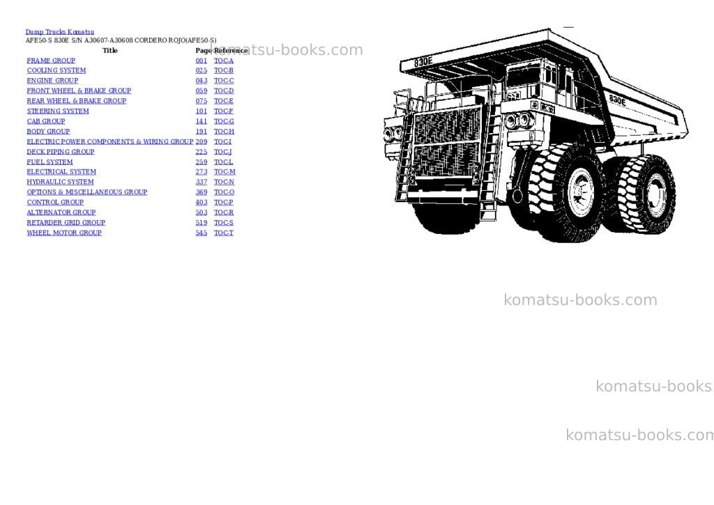 Komatsu afe50-s 830e s/n a30607-a30608 cordero rojo Parts catalog cover Komatsu afe50-s 830e s/n a30607-a30608 cordero rojo Parts catalog cover