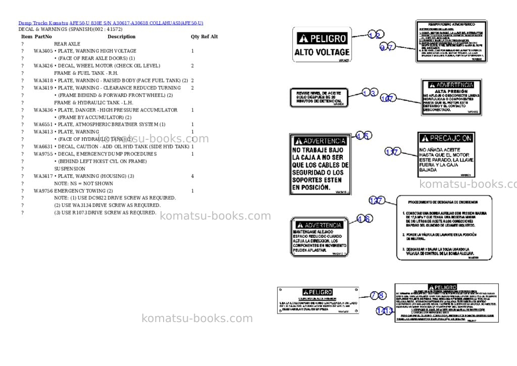 Komatsu afe50-u 830e s/n a30617-a30618 collahuasi Parts catalog cover