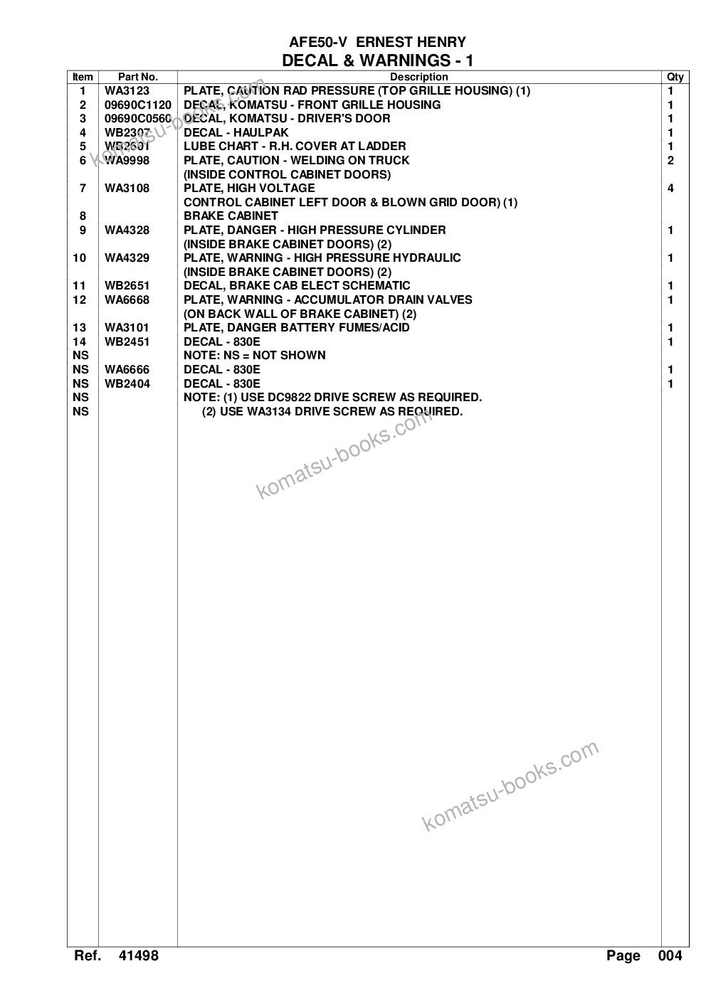 Komatsu afe50-v 830e s/n a30612-a30614 ernest henry Parts catalog cover Page 7