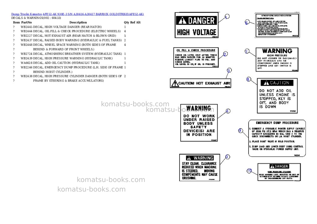 Komatsu afe52-ak 930e-3 s/n a30416-a30417 barrick goldstrike Parts catalog cover