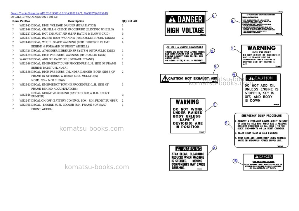 Komatsu afe52-f 930e-3 s/n a30329 a.t. massey Parts catalog cover Komatsu afe52-f 930e-3 s/n a30329 a.t. massey Parts catalog cover