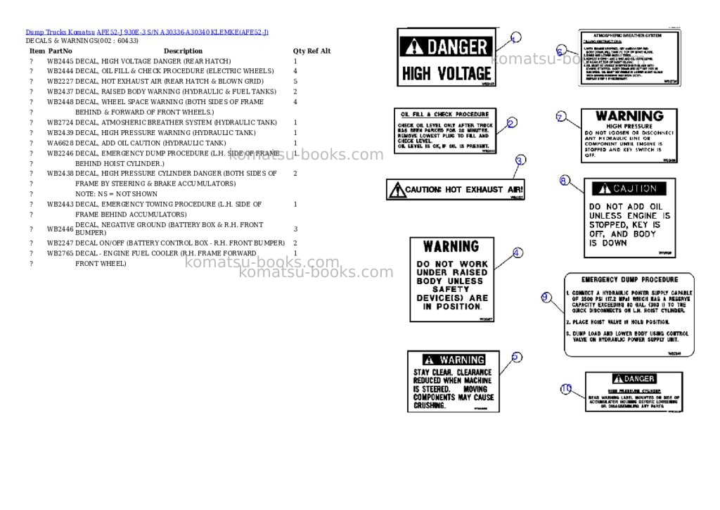 Komatsu afe52-j 930e-3 s/n a30336-a30340 klemke Parts catalog cover