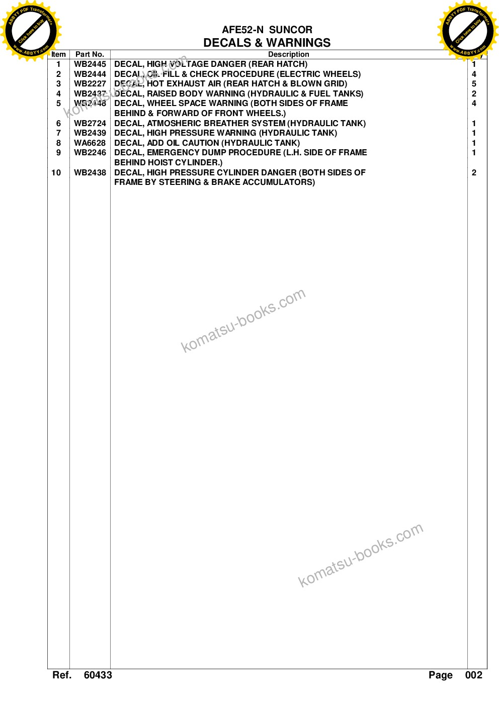 Komatsu afe52-n 930e-3 s/n a30354-a30357 suncor Parts catalog cover Page 5