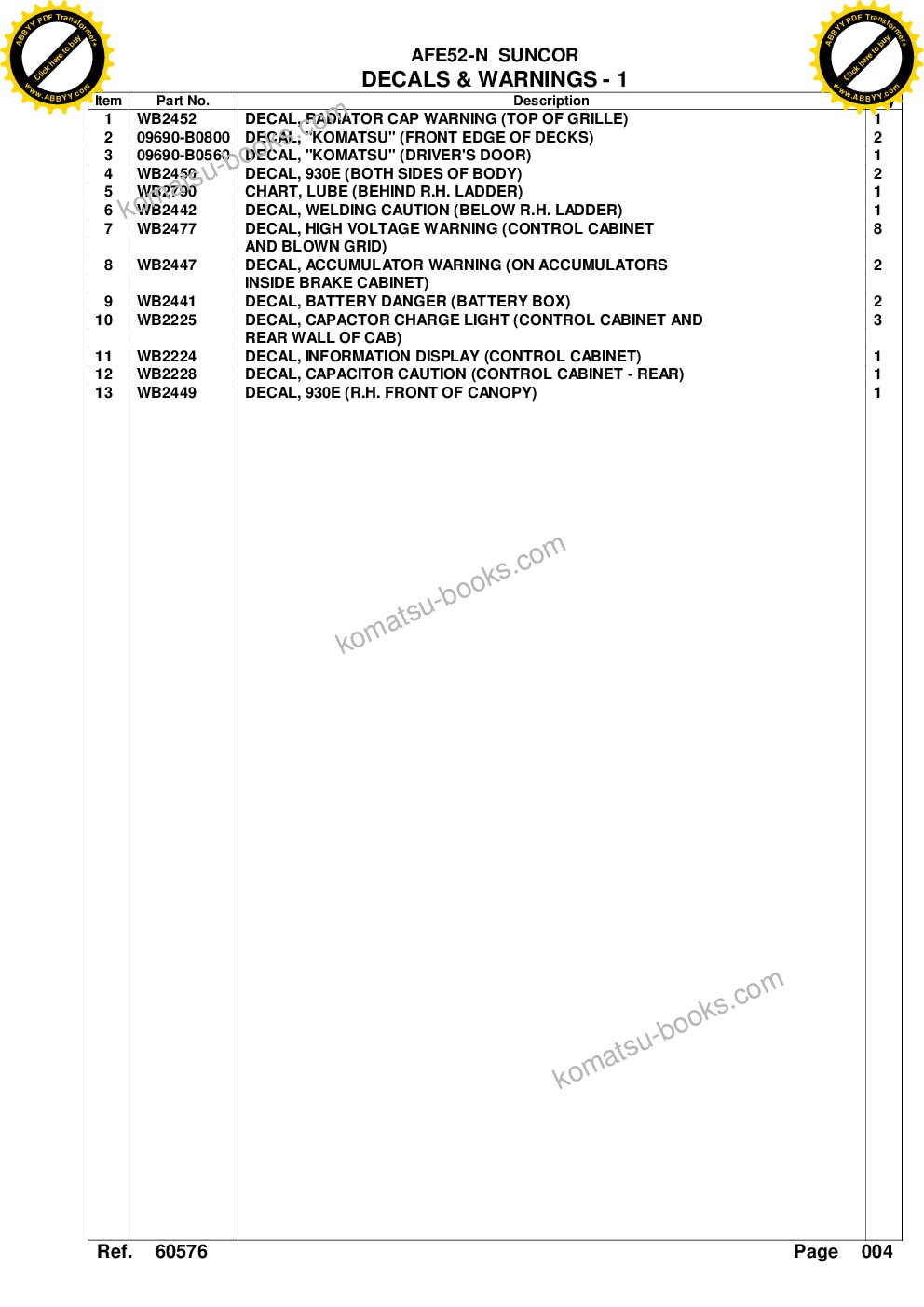 Komatsu afe52-n 930e-3 s/n a30354-a30357 suncor Parts catalog cover Page 7