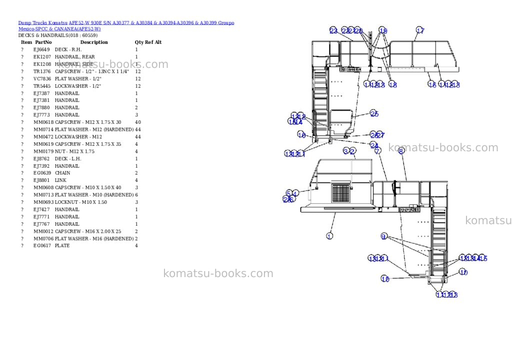 Komatsu afe52-w 930e s/n a30377 & a30384 & a30394-a30396 & a30399 groupo mexico-spcc & cananea Parts catalog cover Page 9 Komatsu afe52-w 930e s/n a30377 & a30384 & a30394-a30396 & a30399 groupo mexico-spcc & cananea Parts catalog cover Page 9