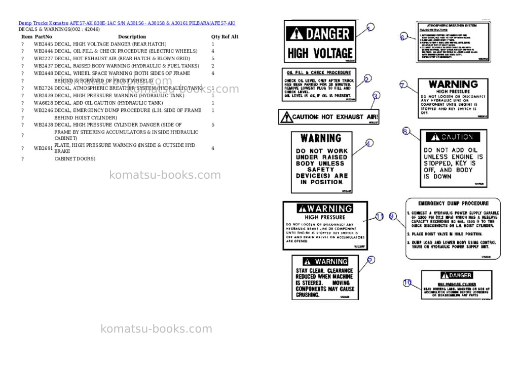 Komatsu afe57-ak 830e-1ac s/n a30156 - a30158 & a30161 pilbara Parts catalog cover