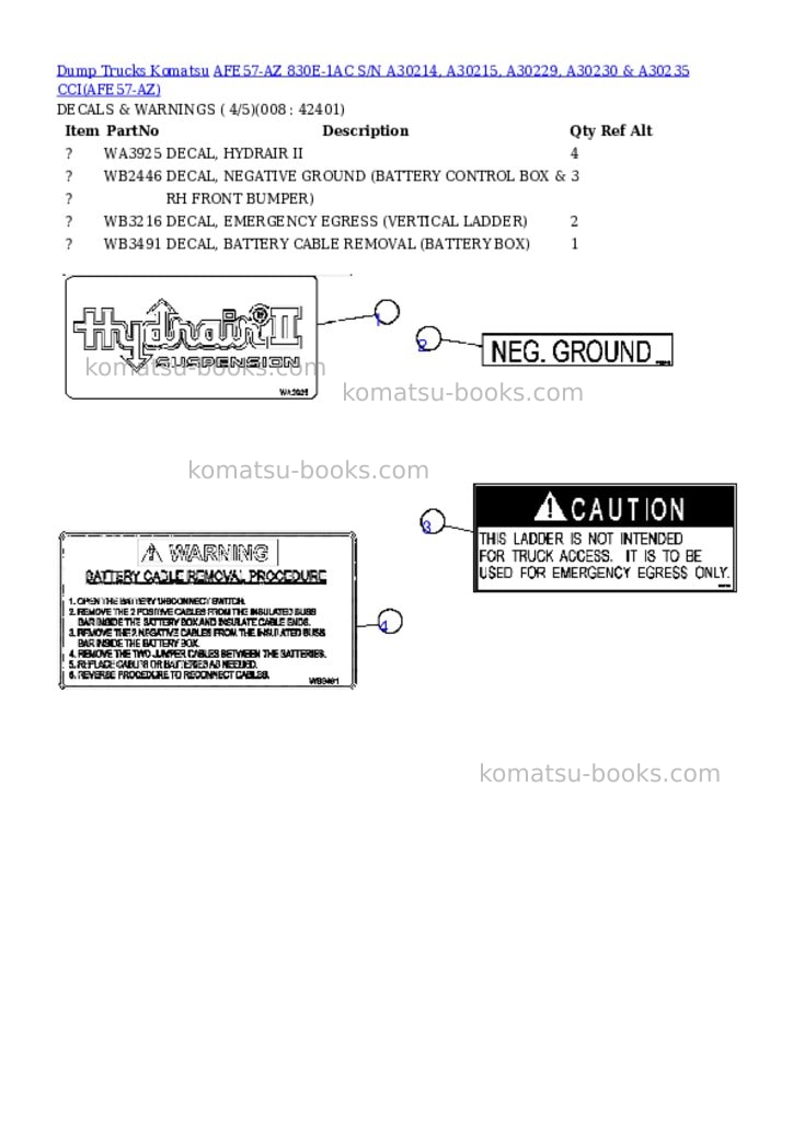 Komatsu afe57-az 830e-1ac s/n a30214, a30215, a30229, a30230 & a30235 cci Parts catalog cover Page 4 Komatsu afe57-az 830e-1ac s/n a30214, a30215, a30229, a30230 & a30235 cci Parts catalog cover Page 4