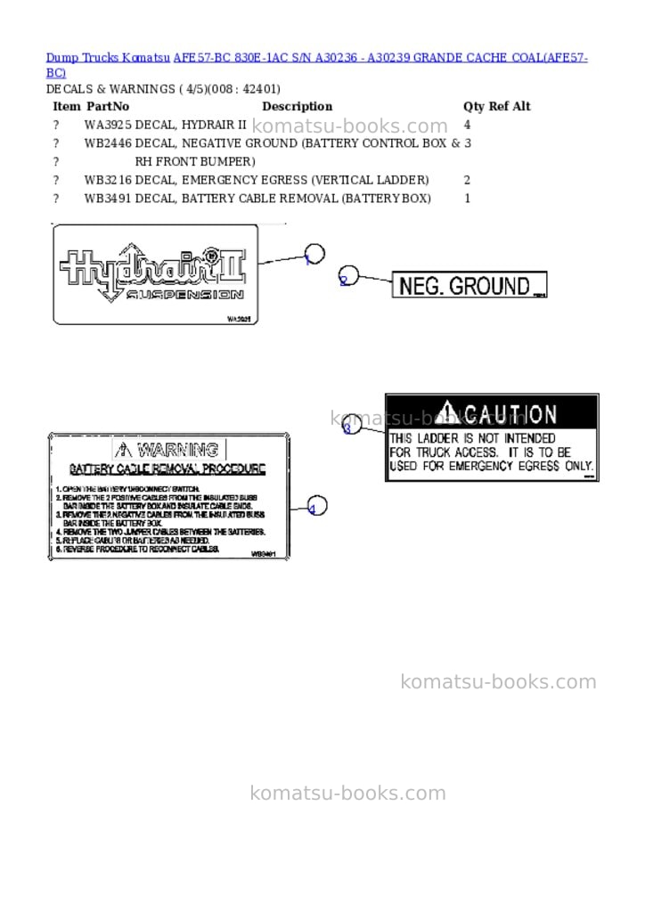 Komatsu afe57-bc 830e-1ac s/n a30236 - a30239 grande cache coal Parts catalog cover Page 4 Komatsu afe57-bc 830e-1ac s/n a30236 - a30239 grande cache coal Parts catalog cover Page 4