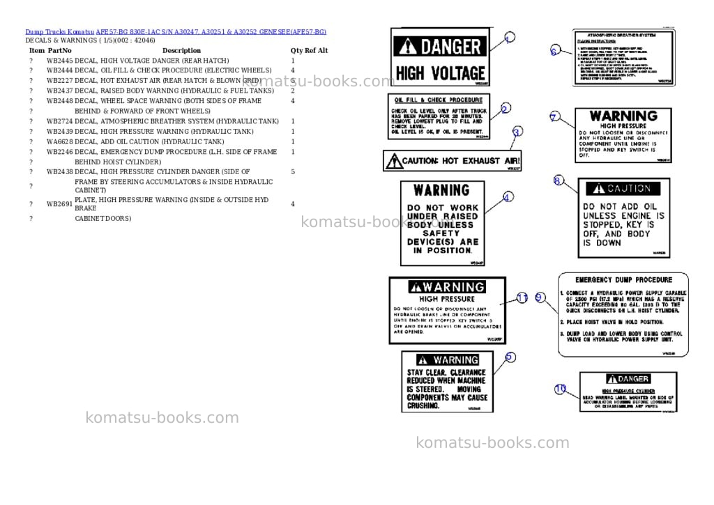 Komatsu afe57-bg 830e-1ac s/n a30247, a30251 & a30252 genesee Parts catalog cover