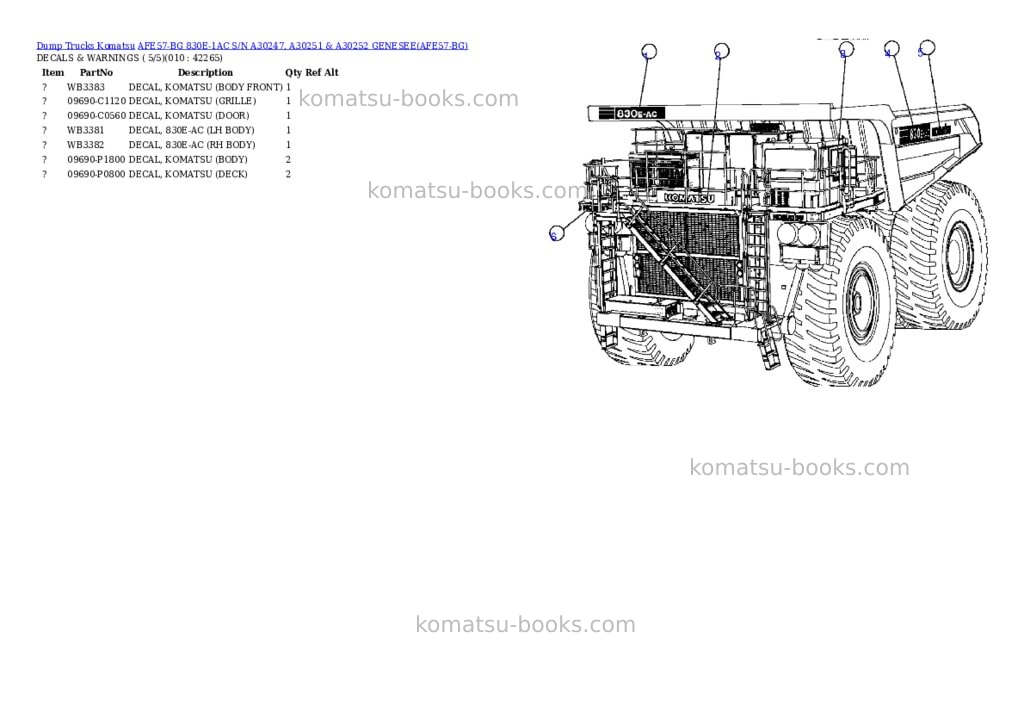 Komatsu afe57-bg 830e-1ac s/n a30247, a30251 & a30252 genesee Parts catalog cover Page 5