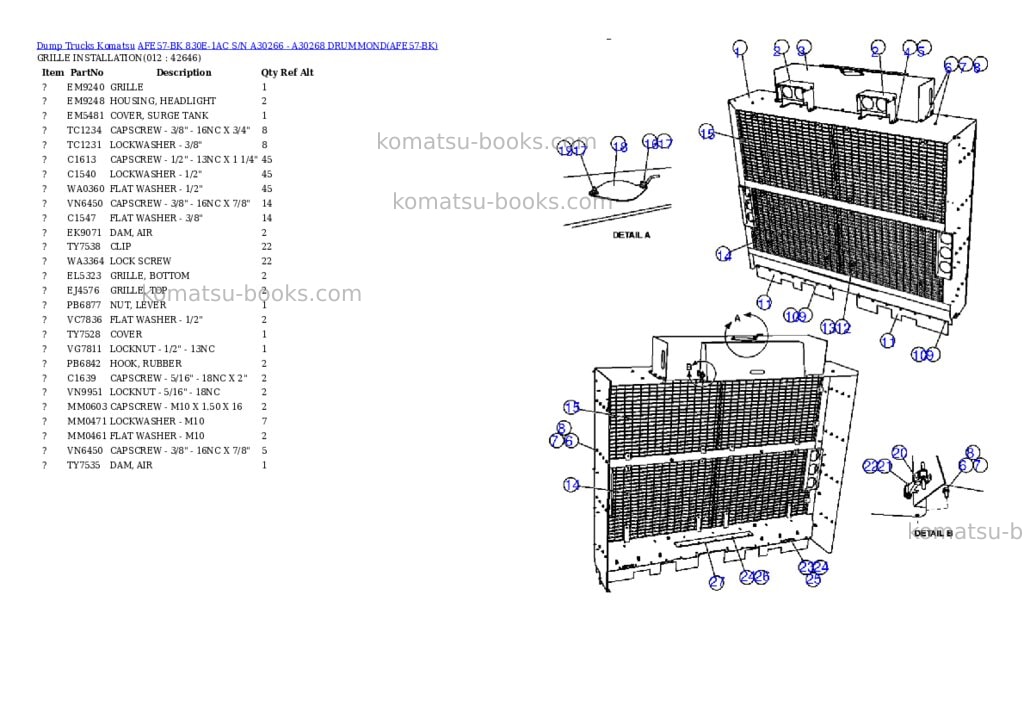 Komatsu afe57-bk 830e-1ac s/n a30266 - a30268 drummond Parts catalog cover Page 6