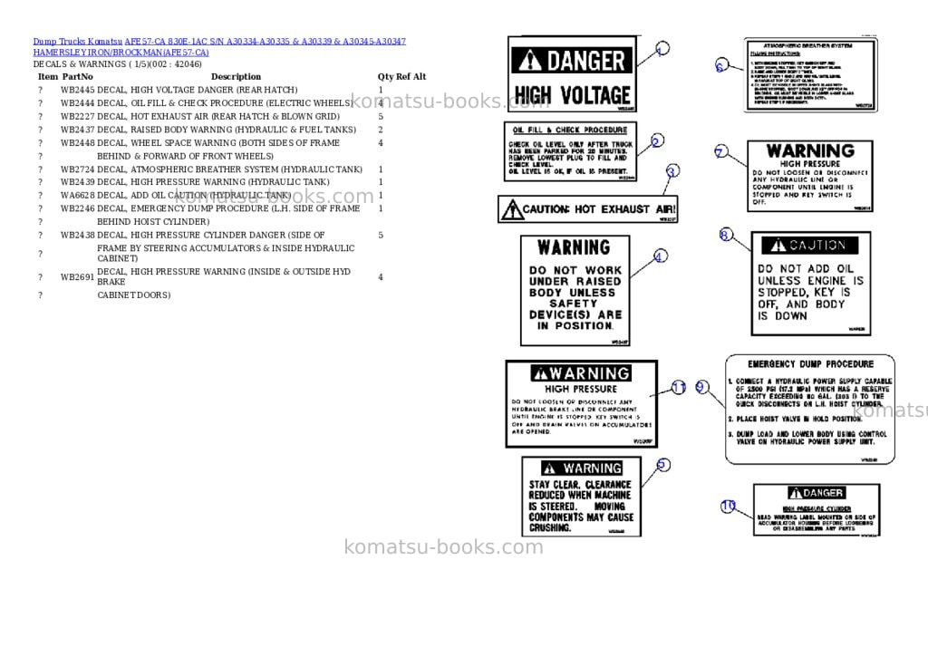 Komatsu afe57-ca 830e-1ac s/n a30334-a30335 & a30339 & a30345-a30347 hamersley iron/brockman Parts catalog cover Komatsu afe57-ca 830e-1ac s/n a30334-a30335 & a30339 & a30345-a30347 hamersley iron/brockman Parts catalog cover