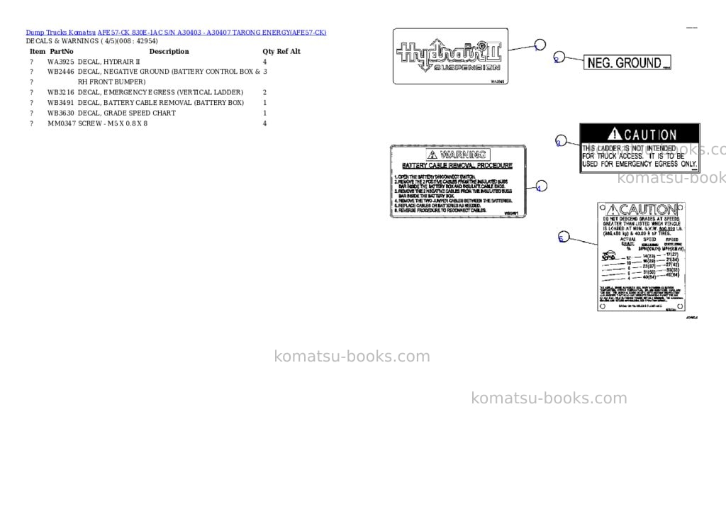 Komatsu afe57-ck 830e-1ac s/n a30403 - a30407 tarong energy Parts catalog cover Page 4