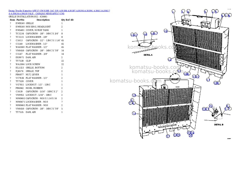 Komatsu afe57-cm 830e-1ac s/n a30384-a30387,a30393-a30396, a30413-a30417 & a30434-a30438 vale - carajas mine Parts catalog cover Page 6