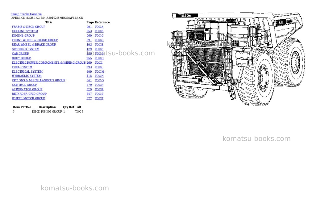 Komatsu afe57-cn 830e-1ac s/n a30402 emeco Parts catalog cover Komatsu afe57-cn 830e-1ac s/n a30402 emeco Parts catalog cover