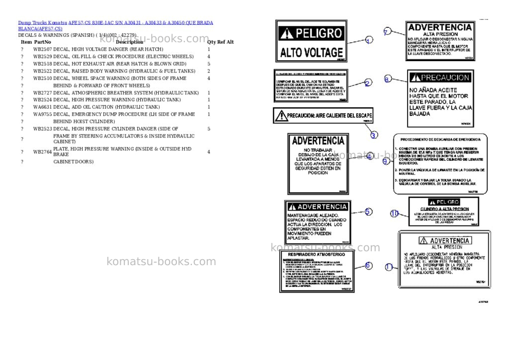 Komatsu afe57-cs 830e-1ac s/n a30431 - a30433 & a30450 que brada blanca Parts catalog cover