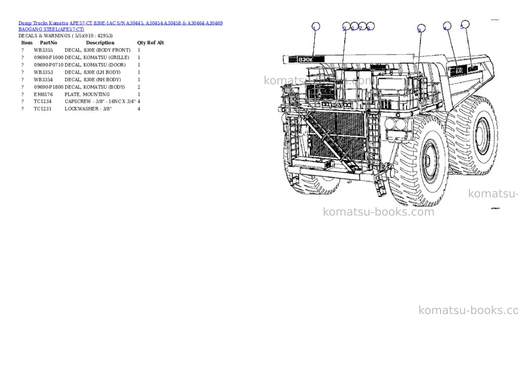 Komatsu afe57-ct 830e-1ac s/n a30445, a30454-a30458 & a30464-a30469 baogang steel Parts catalog cover Page 5 Komatsu afe57-ct 830e-1ac s/n a30445, a30454-a30458 & a30464-a30469 baogang steel Parts catalog cover Page 5