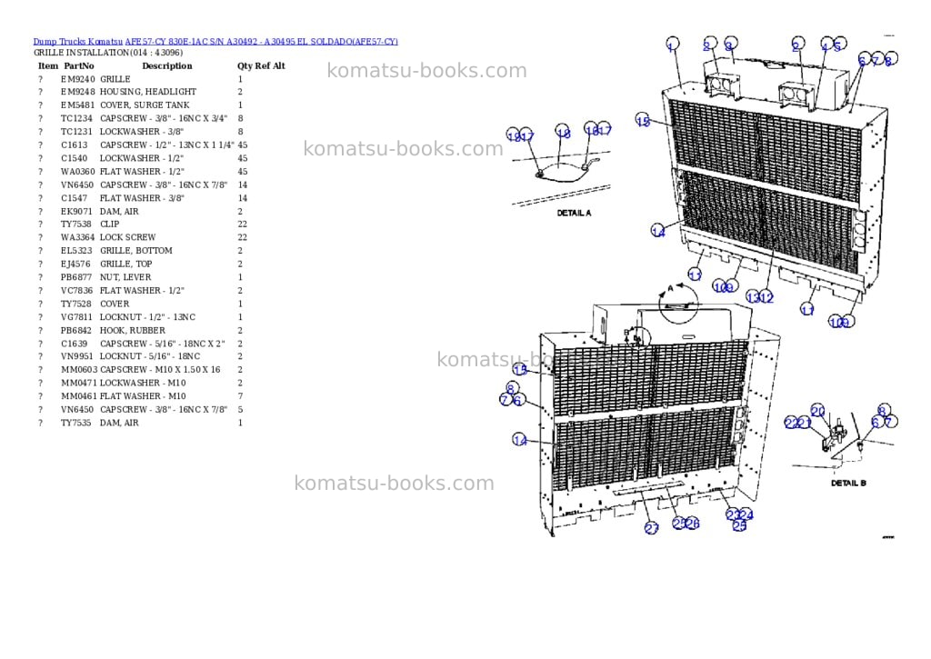 Komatsu afe57-cy 830e-1ac s/n a30492 - a30495 el soldado Parts catalog cover Komatsu afe57-cy 830e-1ac s/n a30492 - a30495 el soldado Parts catalog cover